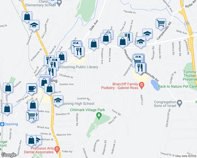 map of restaurants, bars, coffee shops, grocery stores, and more near 74 Prospect Avenue in Ossining