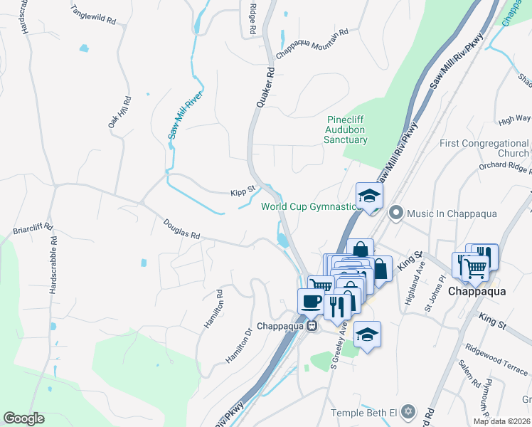 map of restaurants, bars, coffee shops, grocery stores, and more near 276 Quaker Road in Chappaqua