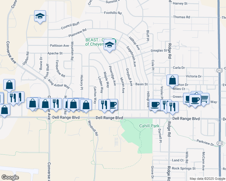 map of restaurants, bars, coffee shops, grocery stores, and more near 4764 Pineridge Ave in Cheyenne