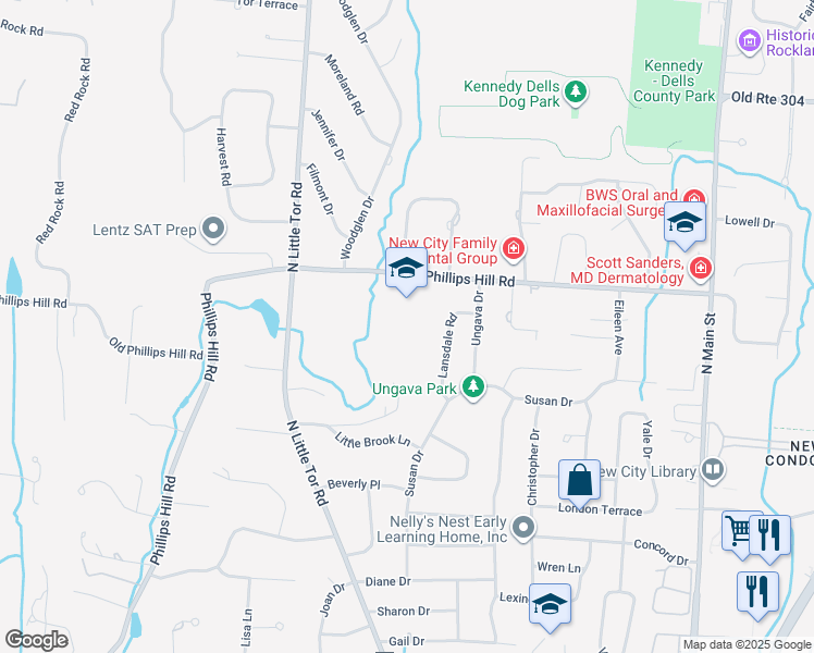 map of restaurants, bars, coffee shops, grocery stores, and more near 121 Phillips Hill Road in New City