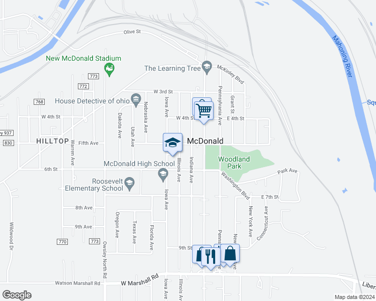 map of restaurants, bars, coffee shops, grocery stores, and more near 512 Indiana Ave in McDonald