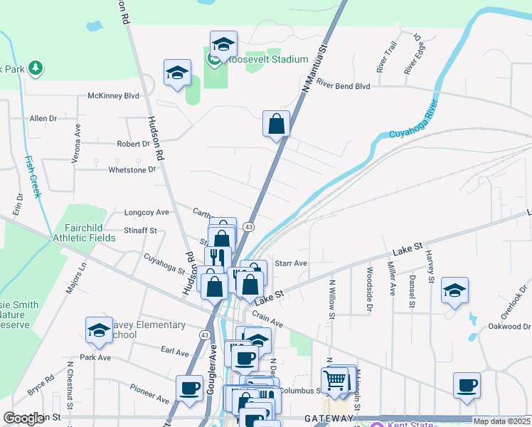 map of restaurants, bars, coffee shops, grocery stores, and more near 327 Riverside Court in Kent