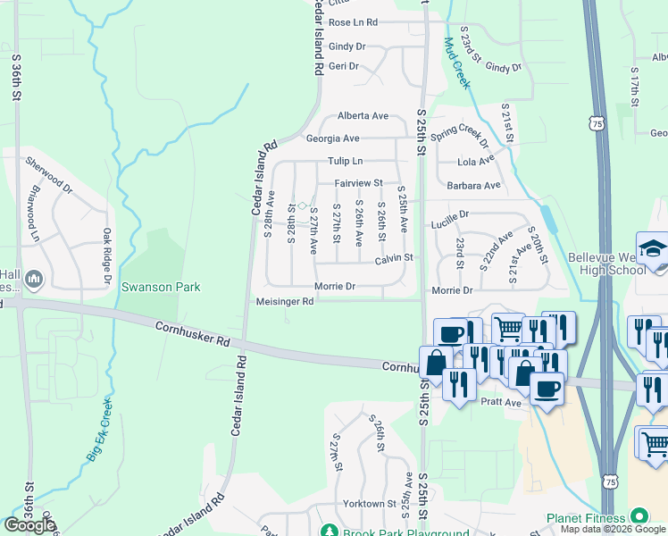 map of restaurants, bars, coffee shops, grocery stores, and more near 2701 Calvin Street in Bellevue