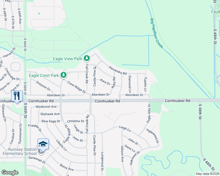 map of restaurants, bars, coffee shops, grocery stores, and more near 610 Ruby Road in Papillion