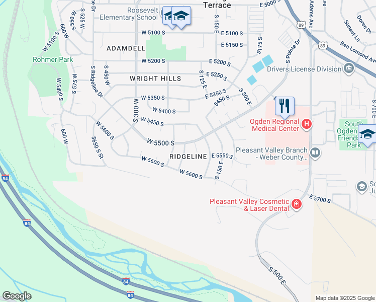 map of restaurants, bars, coffee shops, grocery stores, and more near 5530 South 100 West in Ogden