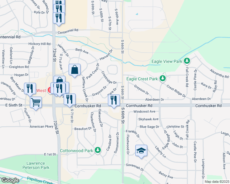 map of restaurants, bars, coffee shops, grocery stores, and more near 6667 Kara Drive in Papillion