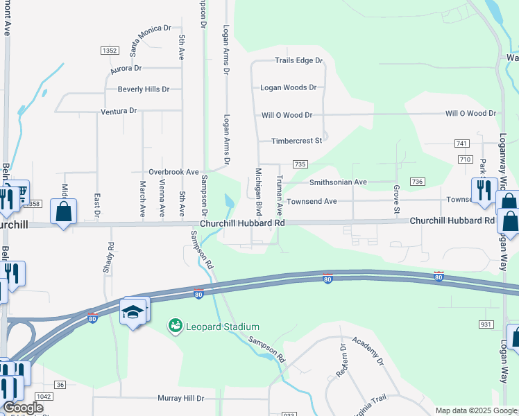 map of restaurants, bars, coffee shops, grocery stores, and more near 4595 Michigan Boulevard in Youngstown
