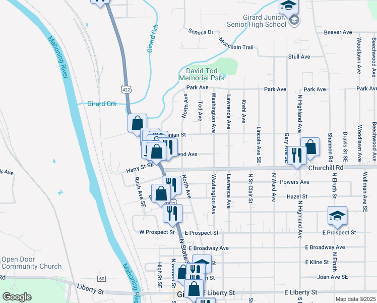 map of restaurants, bars, coffee shops, grocery stores, and more near 114 Townsend Avenue in Girard
