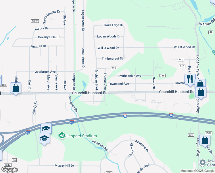 map of restaurants, bars, coffee shops, grocery stores, and more near 4765 Truman Avenue in Youngstown