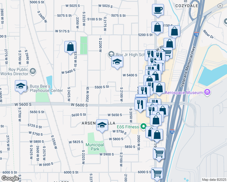 map of restaurants, bars, coffee shops, grocery stores, and more near 2155 5500 South Street in Roy