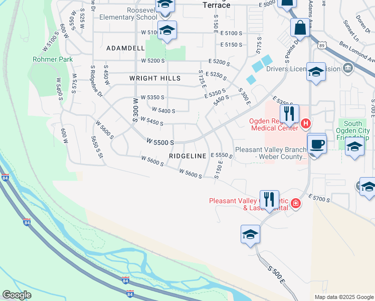 map of restaurants, bars, coffee shops, grocery stores, and more near 5530 South 100 West in Ogden