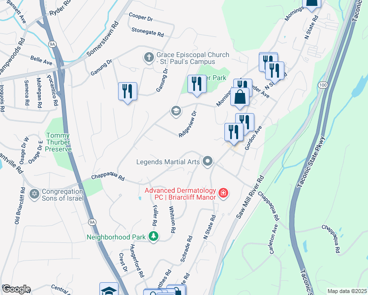 map of restaurants, bars, coffee shops, grocery stores, and more near 197 Chappaqua Road in Briarcliff Manor