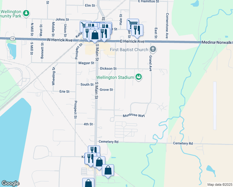 map of restaurants, bars, coffee shops, grocery stores, and more near 405 Courtland Street in Wellington
