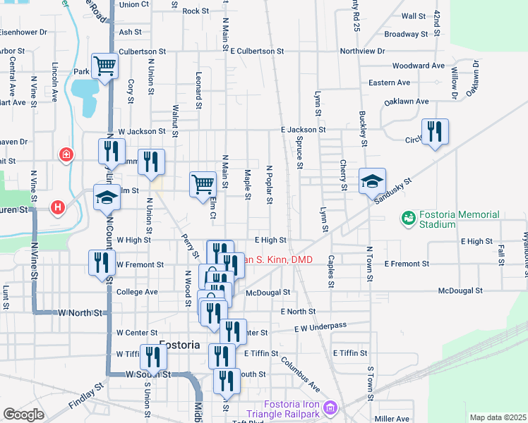 map of restaurants, bars, coffee shops, grocery stores, and more near 543 North Poplar Street in Fostoria