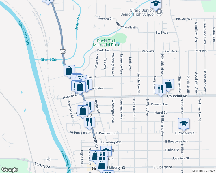 map of restaurants, bars, coffee shops, grocery stores, and more near 152 Townsend Avenue in Girard