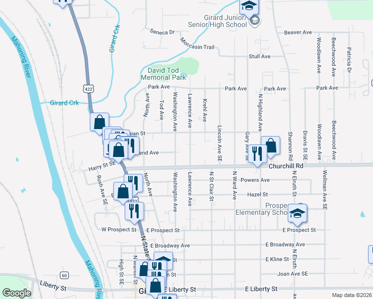 map of restaurants, bars, coffee shops, grocery stores, and more near 836 Lawrence Avenue in Girard