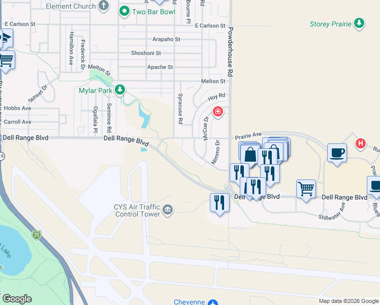 map of restaurants, bars, coffee shops, grocery stores, and more near 1009 Hoy Rd in Cheyenne