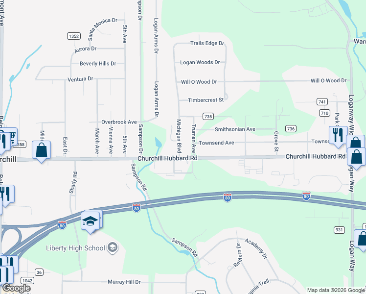 map of restaurants, bars, coffee shops, grocery stores, and more near 4595 Michigan Boulevard in Youngstown