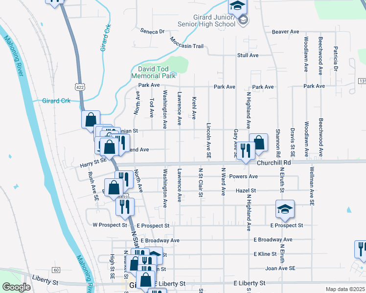 map of restaurants, bars, coffee shops, grocery stores, and more near 837 Lawrence Avenue in Girard