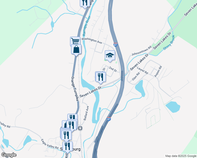 map of restaurants, bars, coffee shops, grocery stores, and more near 9 Apple Street in Sloatsburg
