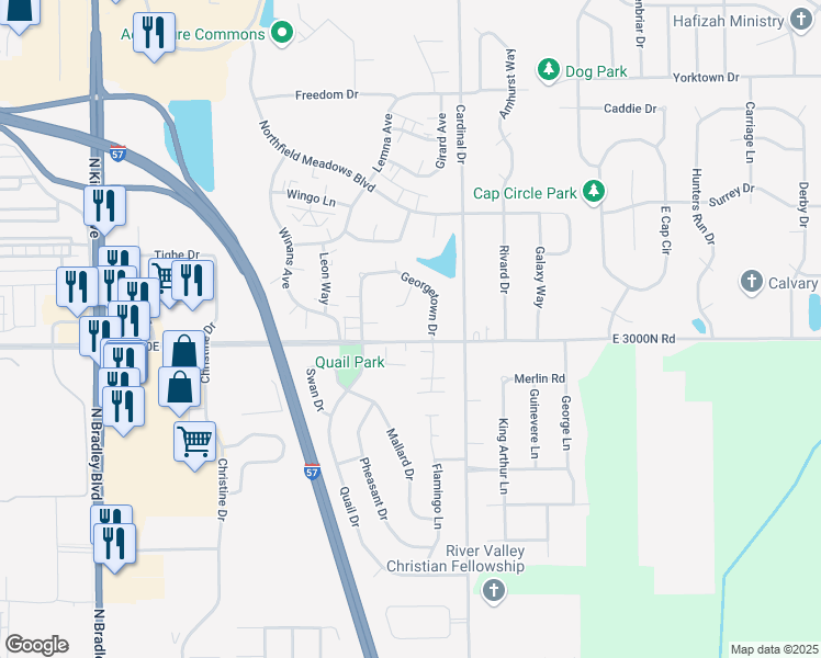 map of restaurants, bars, coffee shops, grocery stores, and more near 1382 East Armour Road in Bourbonnais