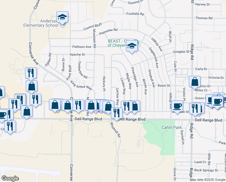 map of restaurants, bars, coffee shops, grocery stores, and more near 4763 Windmill Road in Cheyenne