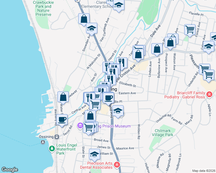 map of restaurants, bars, coffee shops, grocery stores, and more near in Ossining