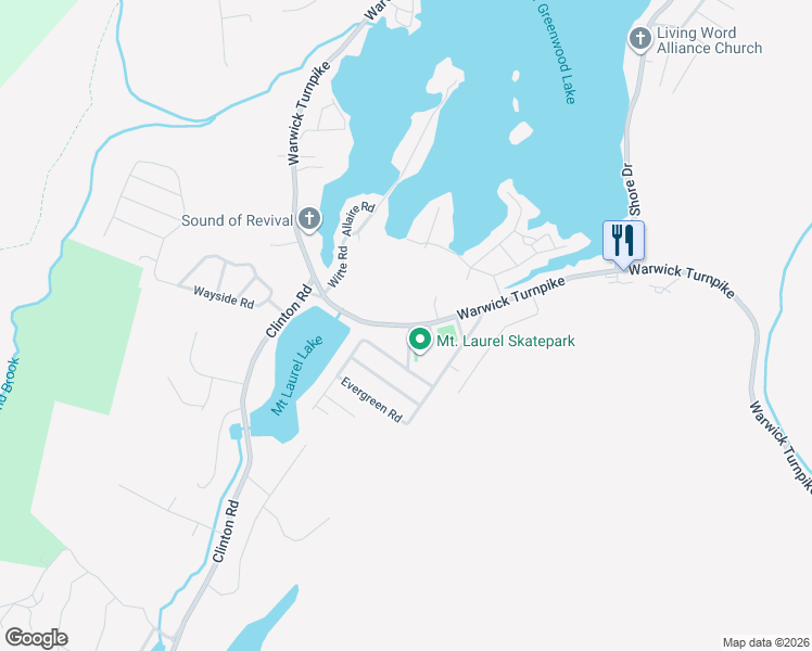 map of restaurants, bars, coffee shops, grocery stores, and more near 453 Warwick Turnpike in West Milford