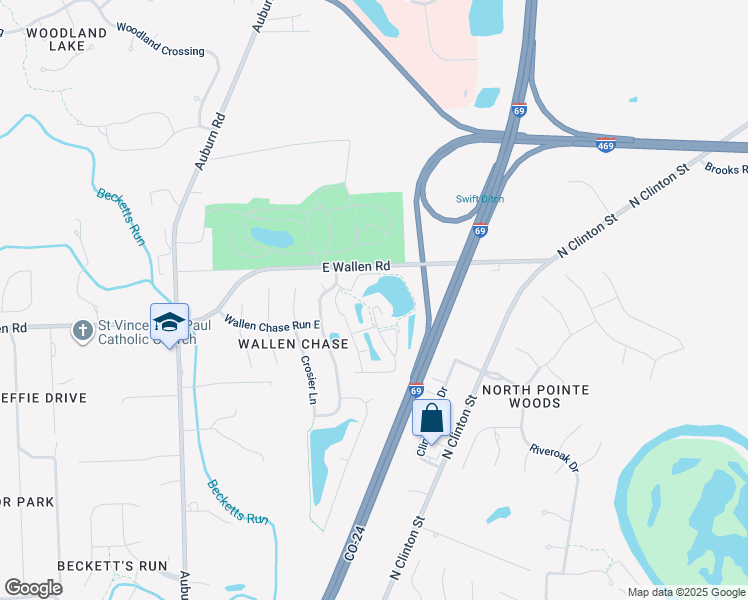 map of restaurants, bars, coffee shops, grocery stores, and more near 2439 Reef Court in Fort Wayne