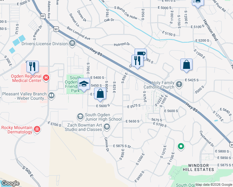 map of restaurants, bars, coffee shops, grocery stores, and more near 5492 South 825 East in Ogden