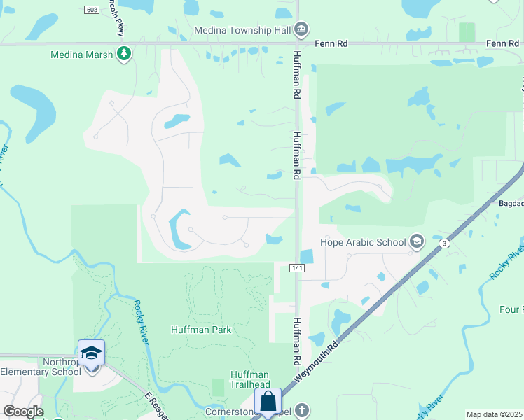 map of restaurants, bars, coffee shops, grocery stores, and more near 4017 Sunset Drive in Medina