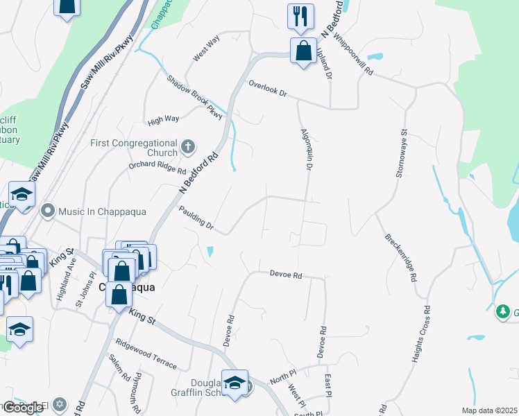 map of restaurants, bars, coffee shops, grocery stores, and more near 78 Paulding Drive in Chappaqua