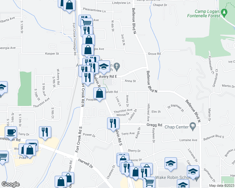 map of restaurants, bars, coffee shops, grocery stores, and more near 213 Lois Lane in Bellevue