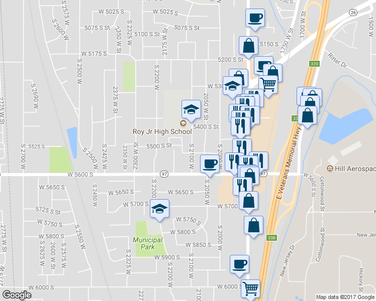 map of restaurants, bars, coffee shops, grocery stores, and more near 5495 South 2100 West in Roy