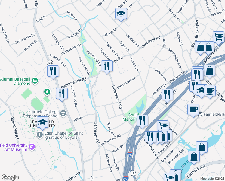 map of restaurants, bars, coffee shops, grocery stores, and more near 315 Crestwood Road in Fairfield