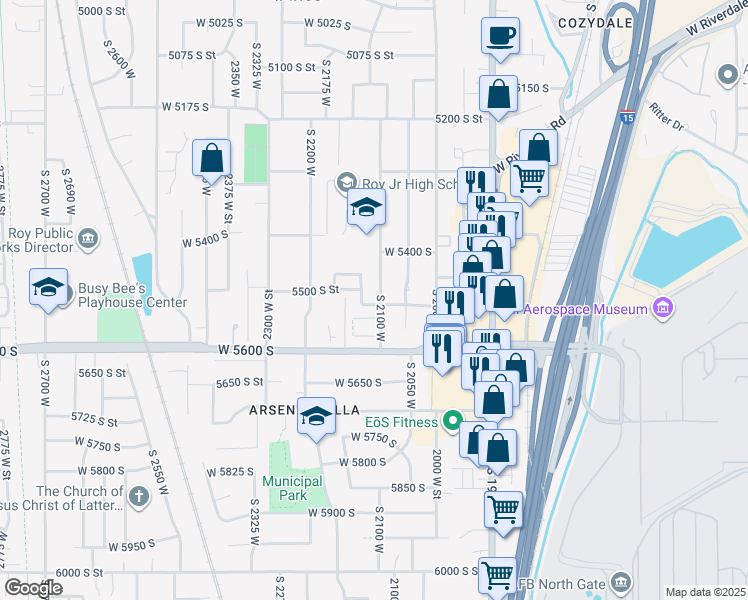 map of restaurants, bars, coffee shops, grocery stores, and more near 5495 South 2100 West in Roy