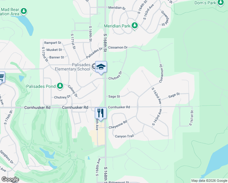 map of restaurants, bars, coffee shops, grocery stores, and more near 16710 Sage Street in Omaha