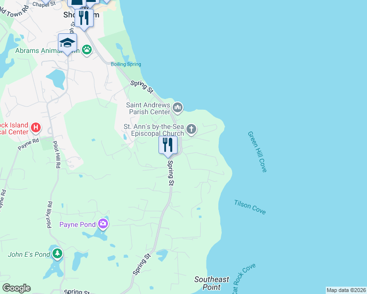 map of restaurants, bars, coffee shops, grocery stores, and more near 293 Spring Street in New Shoreham