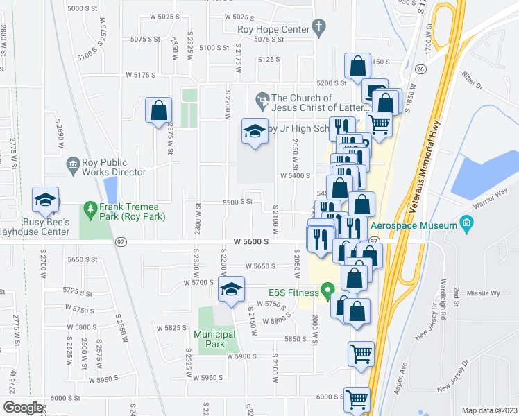 map of restaurants, bars, coffee shops, grocery stores, and more near 5509 South 2150 West in Roy