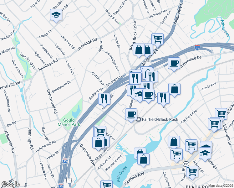 map of restaurants, bars, coffee shops, grocery stores, and more near 100 Kings Highway Cutoff in Fairfield