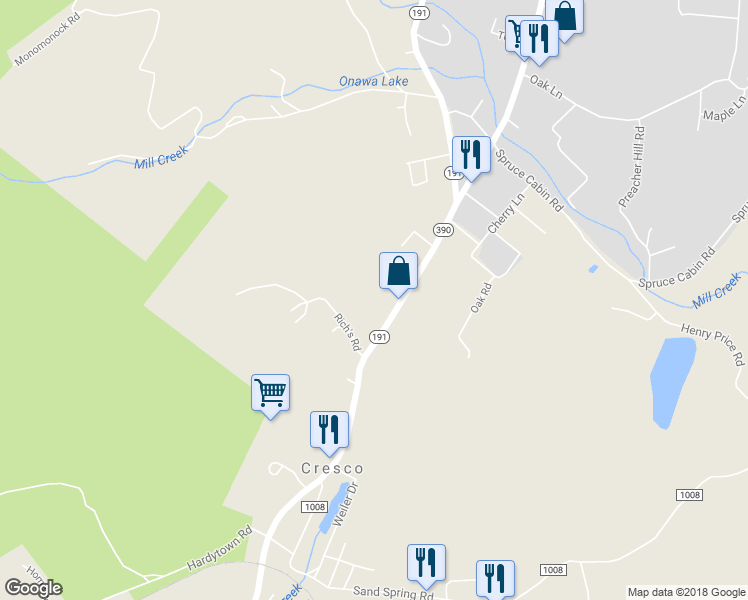 map of restaurants, bars, coffee shops, grocery stores, and more near 6597 Pennsylvania 191 in Cresco