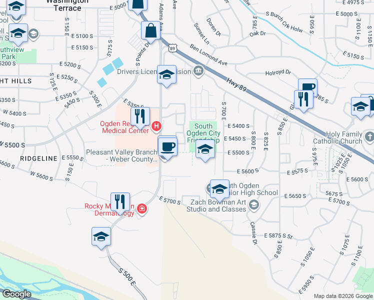 map of restaurants, bars, coffee shops, grocery stores, and more near 5594 South 600 East in Washington Terrace