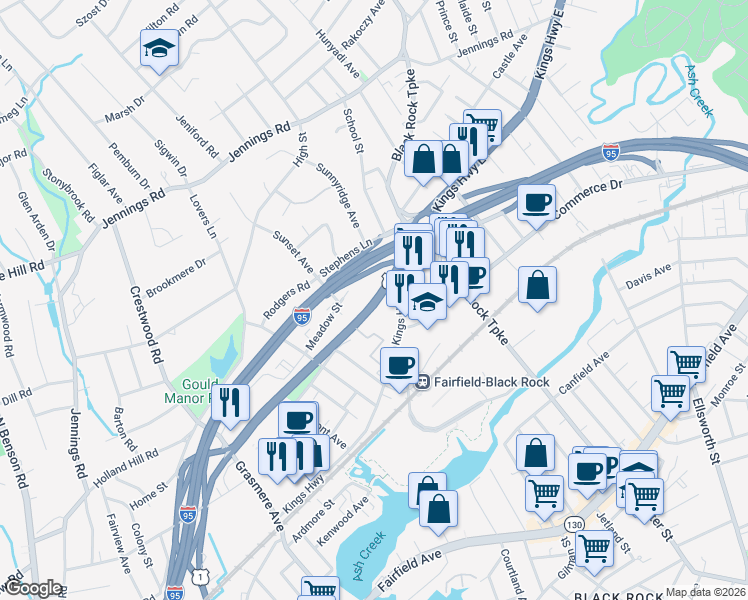 map of restaurants, bars, coffee shops, grocery stores, and more near 100 Kings Highway Cutoff in Fairfield