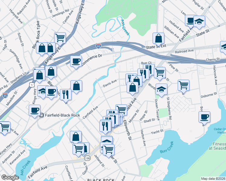 map of restaurants, bars, coffee shops, grocery stores, and more near 287 Hansen Avenue in Bridgeport