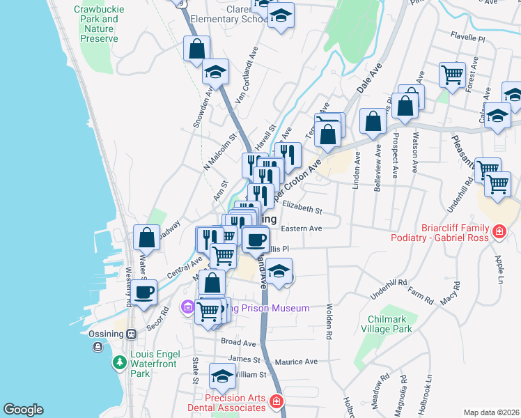 map of restaurants, bars, coffee shops, grocery stores, and more near in Ossining