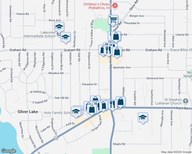 map of restaurants, bars, coffee shops, grocery stores, and more near 3652 Elm Road in Stow