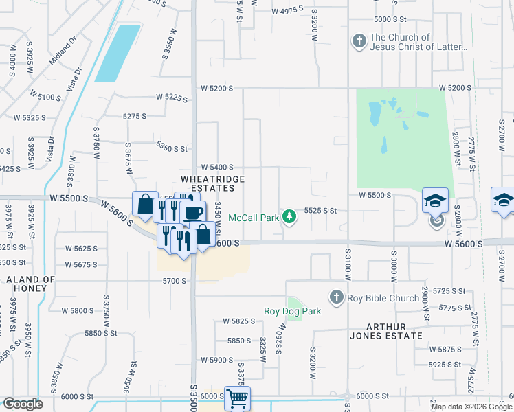 map of restaurants, bars, coffee shops, grocery stores, and more near 5503 South 3375 West in Roy