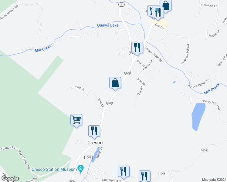 map of restaurants, bars, coffee shops, grocery stores, and more near 6603 Pennsylvania 191 in Cresco