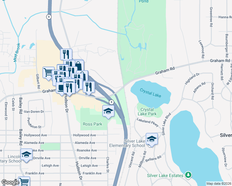 map of restaurants, bars, coffee shops, grocery stores, and more near 1200 Graham Road in Silver Lake