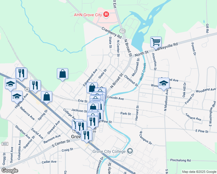 map of restaurants, bars, coffee shops, grocery stores, and more near 201 North Broad Street in Grove City